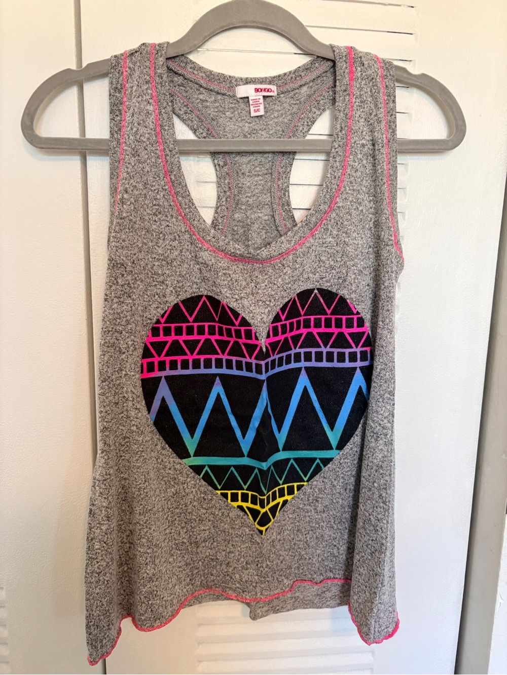Bongo Heather Gray Rainbow Heart Racerback Tank Top | Tribal Neon Graphic | S